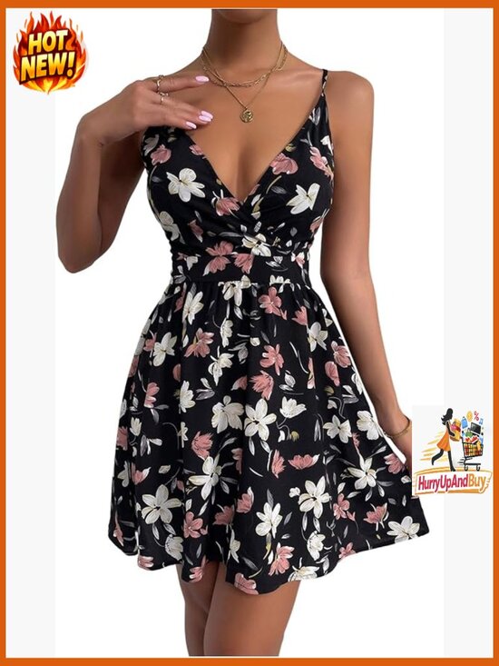 Dresses & Skirts - Ditsy Floral Print Flared V-Neck Cami Dress Summer Boho Chic Casual